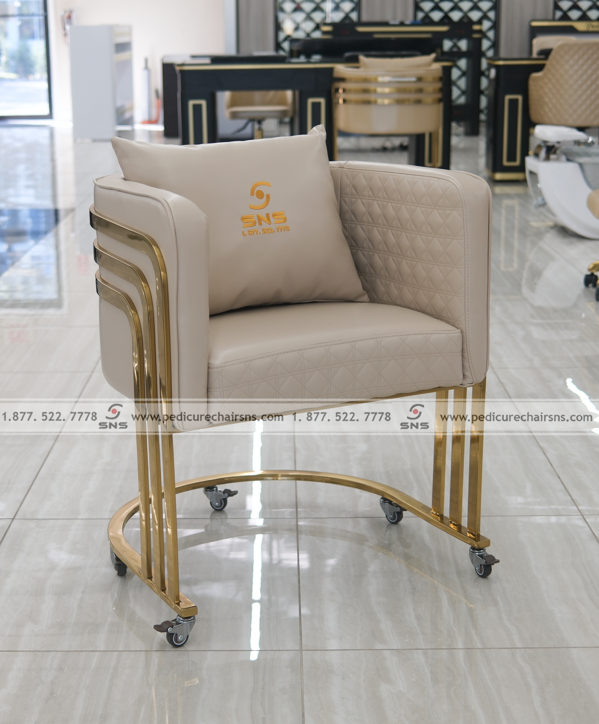 Cuttie Customer Chair French Beige Gold Leg w Wheels