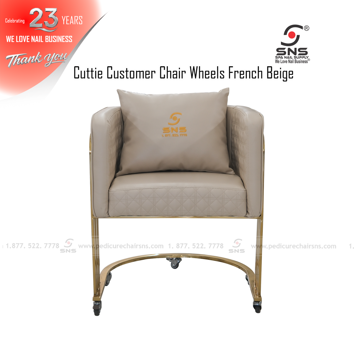 Cuttie Customer Chair French Beige Gold Leg w Wheels