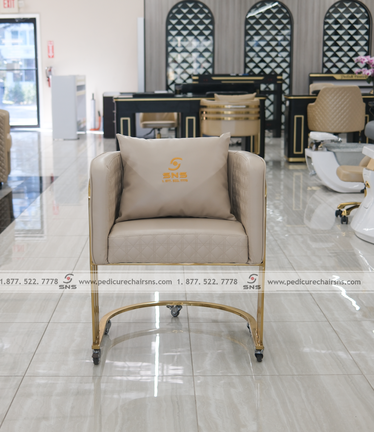 Cuttie Customer Chair French Beige Gold Leg w Wheels