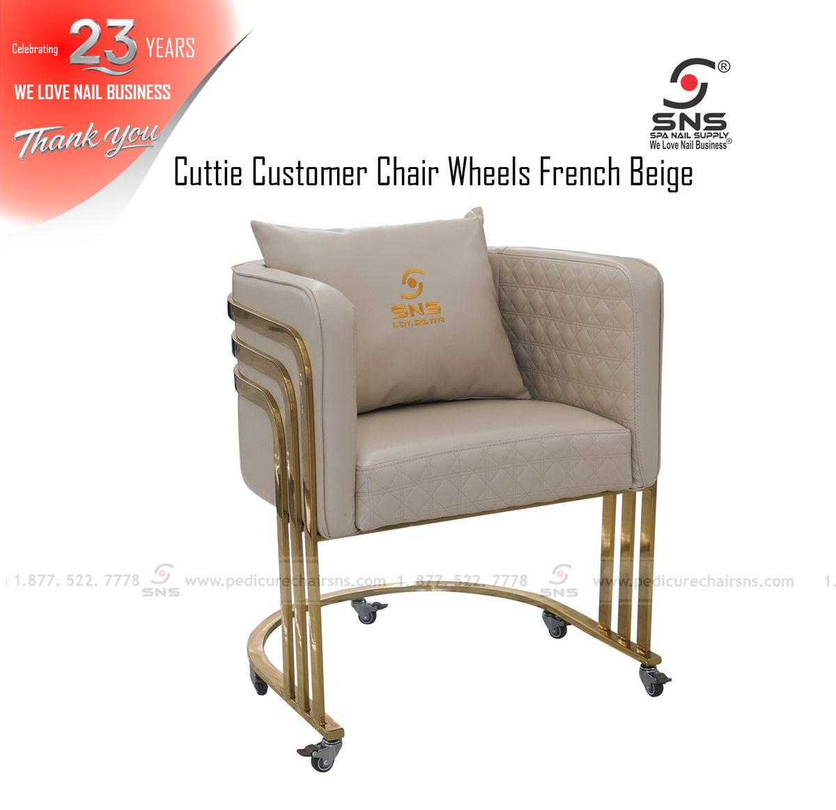Cuttie Customer Chair French Beige Gold Leg w Wheels