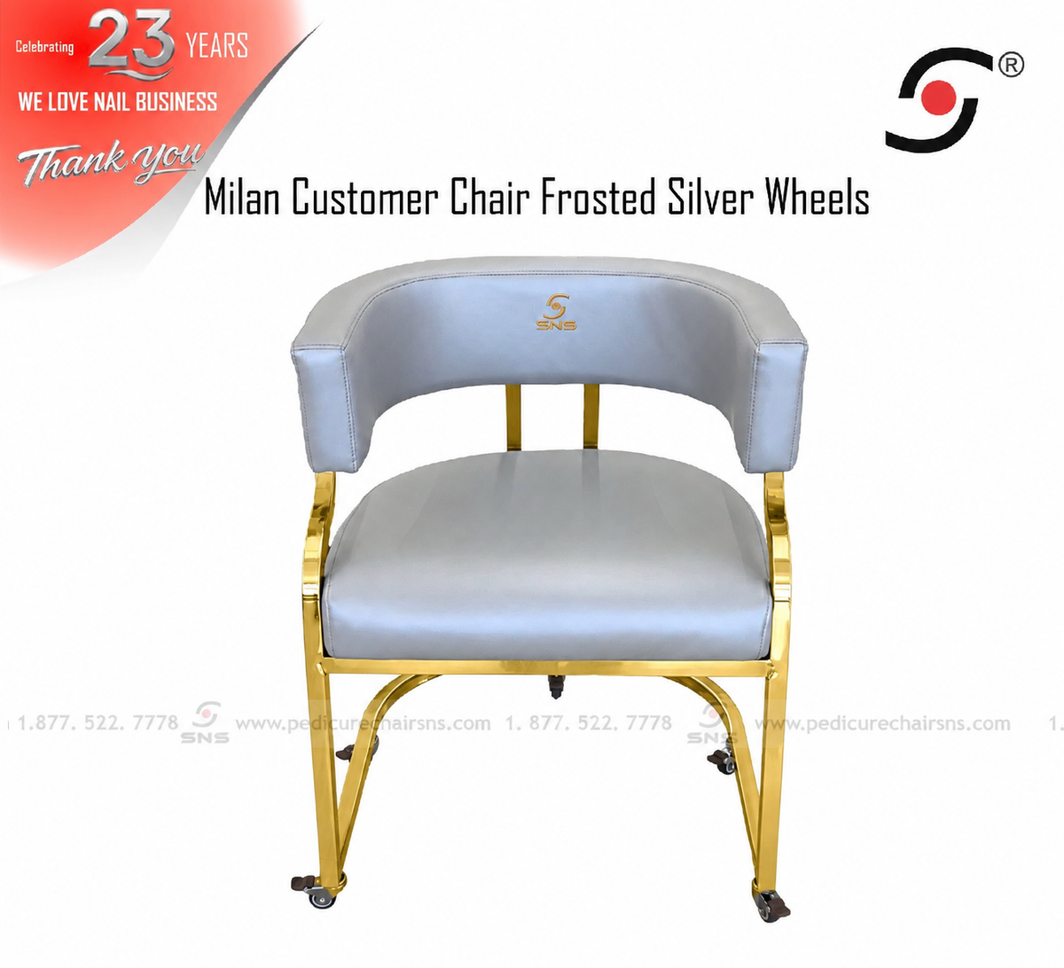 Milan Customer Chair Version 2 Frosted Silver w wheels Gold Legs