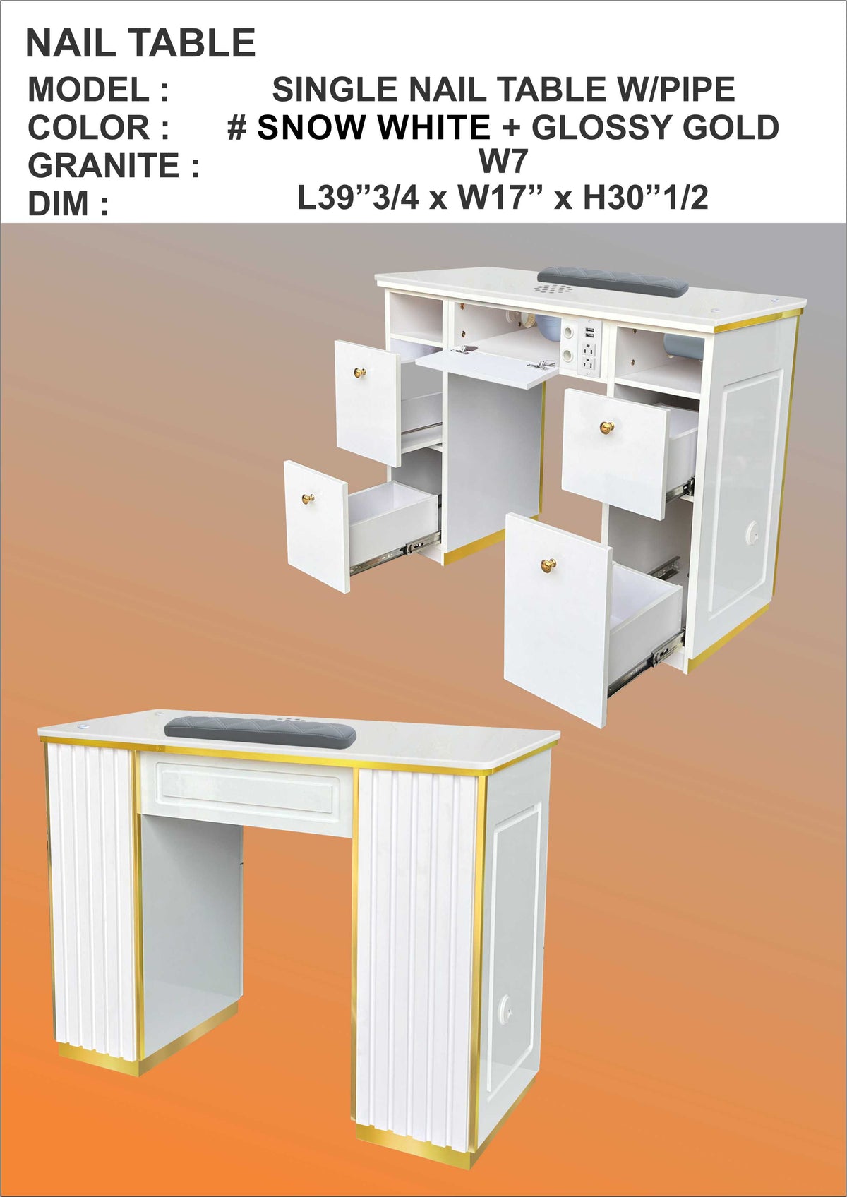 A single nail table with a white marble top, gold trim, and multiple drawers. The table is shown in an assembled position with a dimpled gray surface.