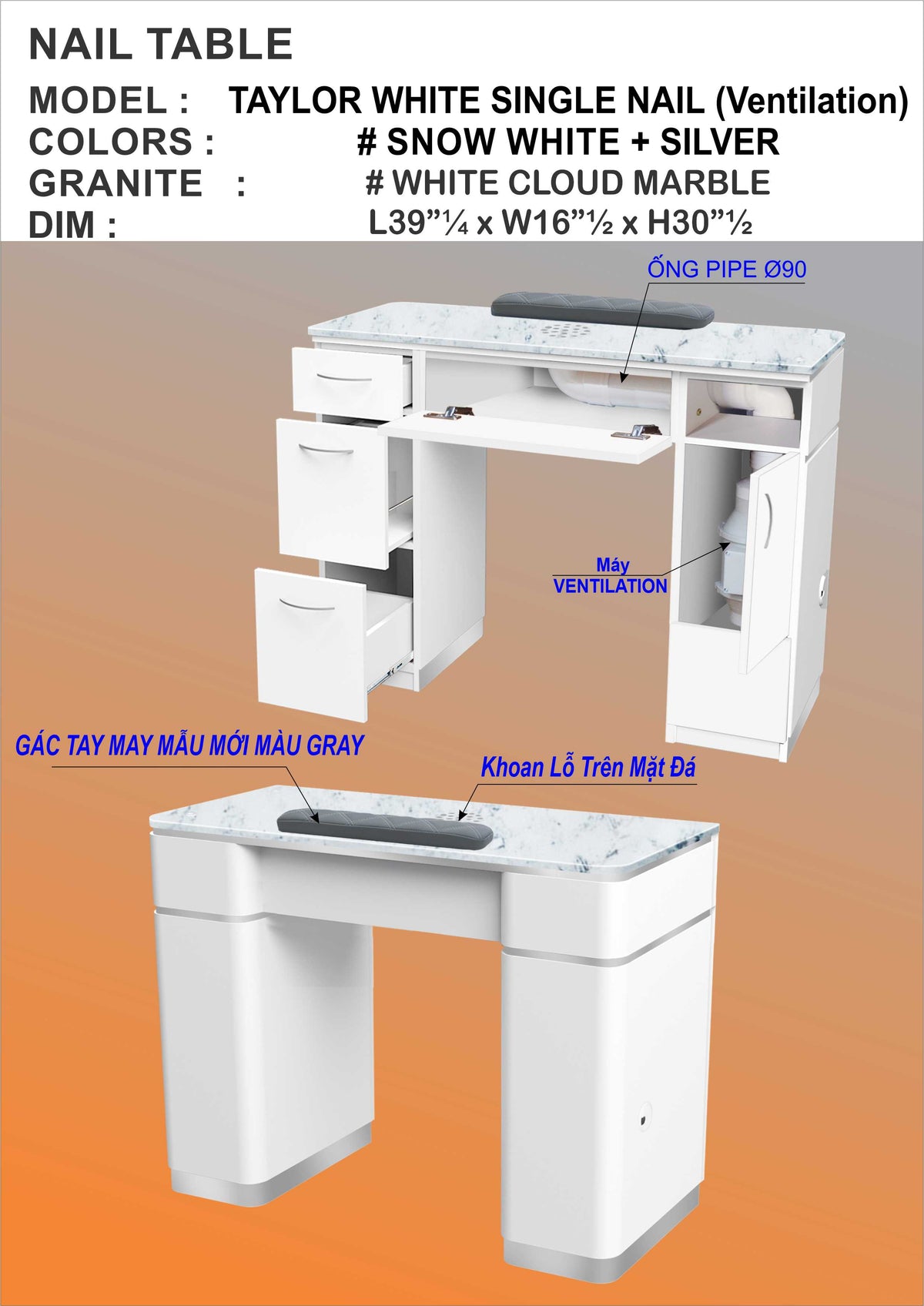Taylor White Single Table Ventilation - JT6