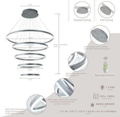 Contemporary Acrylic Modern Led Pendant Light 5 Rings